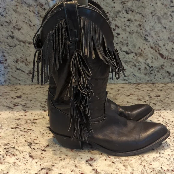 🫶8Vintage Fringed Leather Black Boots - Picture 2 of 7